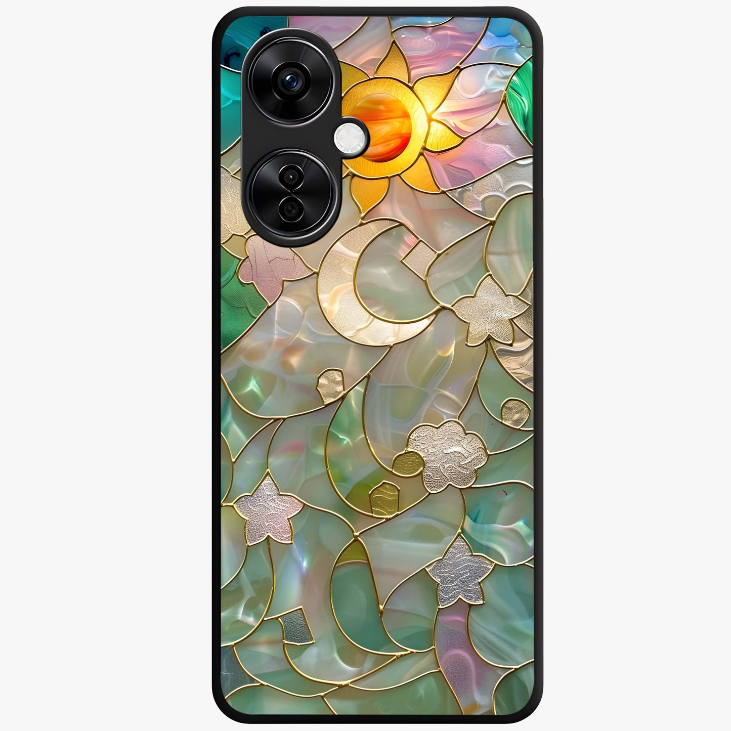 Stained Sunrise Glow Glass Case for 1+Nord CE 3 Lite radiant front view featuring sunrise inspired stained glass artwork