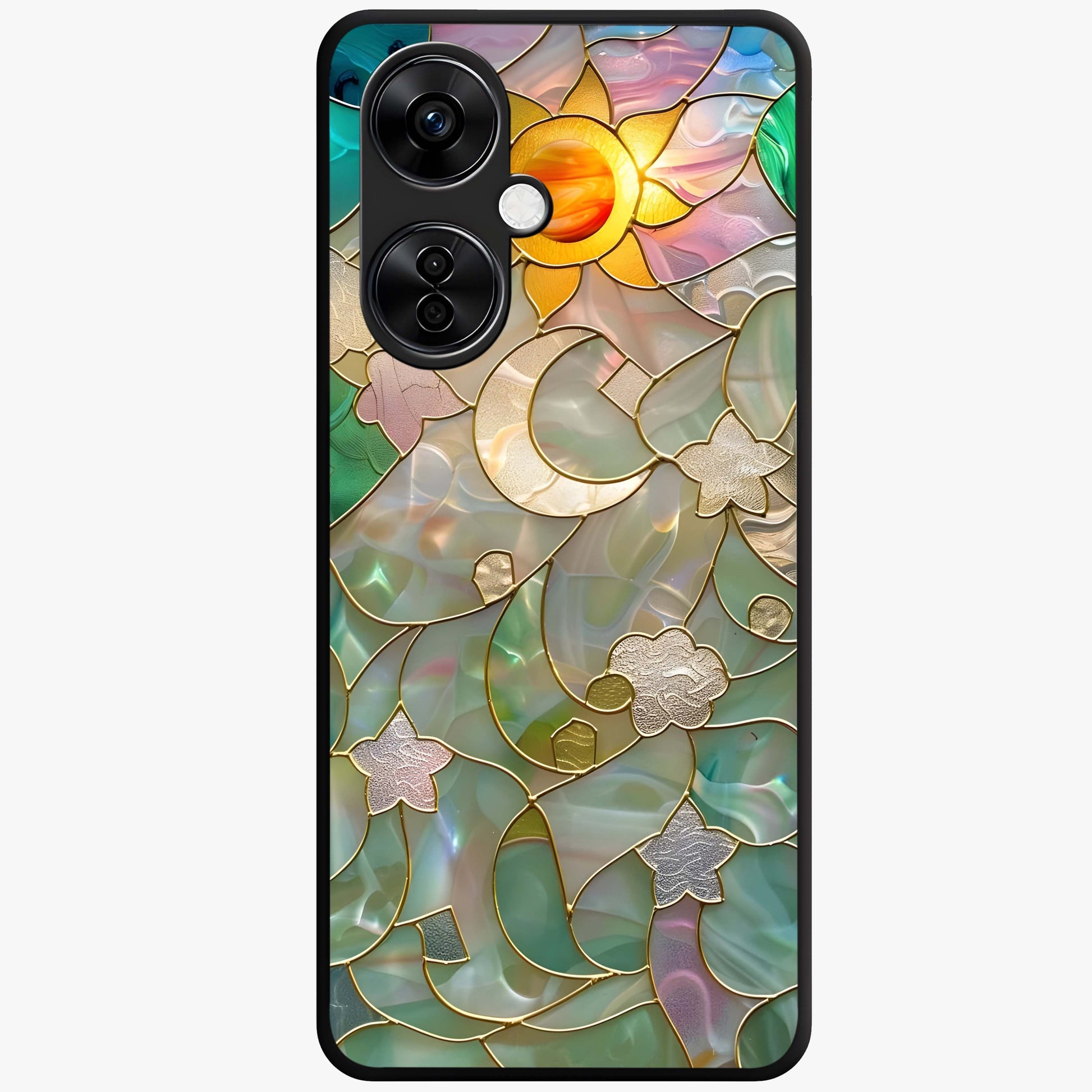 Stained Sunrise Glow Glass Case for 1+Nord CE 3 Lite radiant front view featuring sunrise inspired stained glass artwork