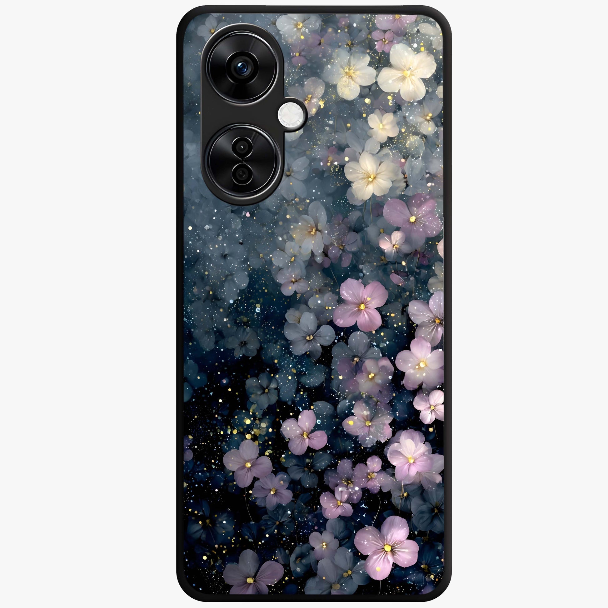 Starlit Blossom Dreams Glass Case for 1+Nord CE 3 Lite dreamy front view featuring floral artwork under sparkling night sky
