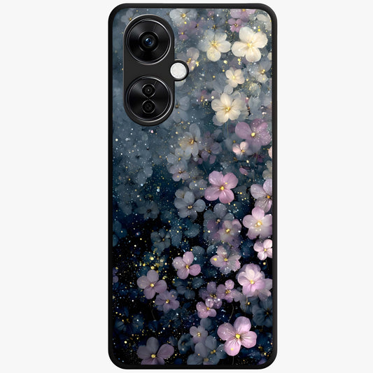 Starlit Blossom Dreams Glass Case for 1+Nord CE 3 Lite dreamy front view featuring floral artwork under sparkling night sky