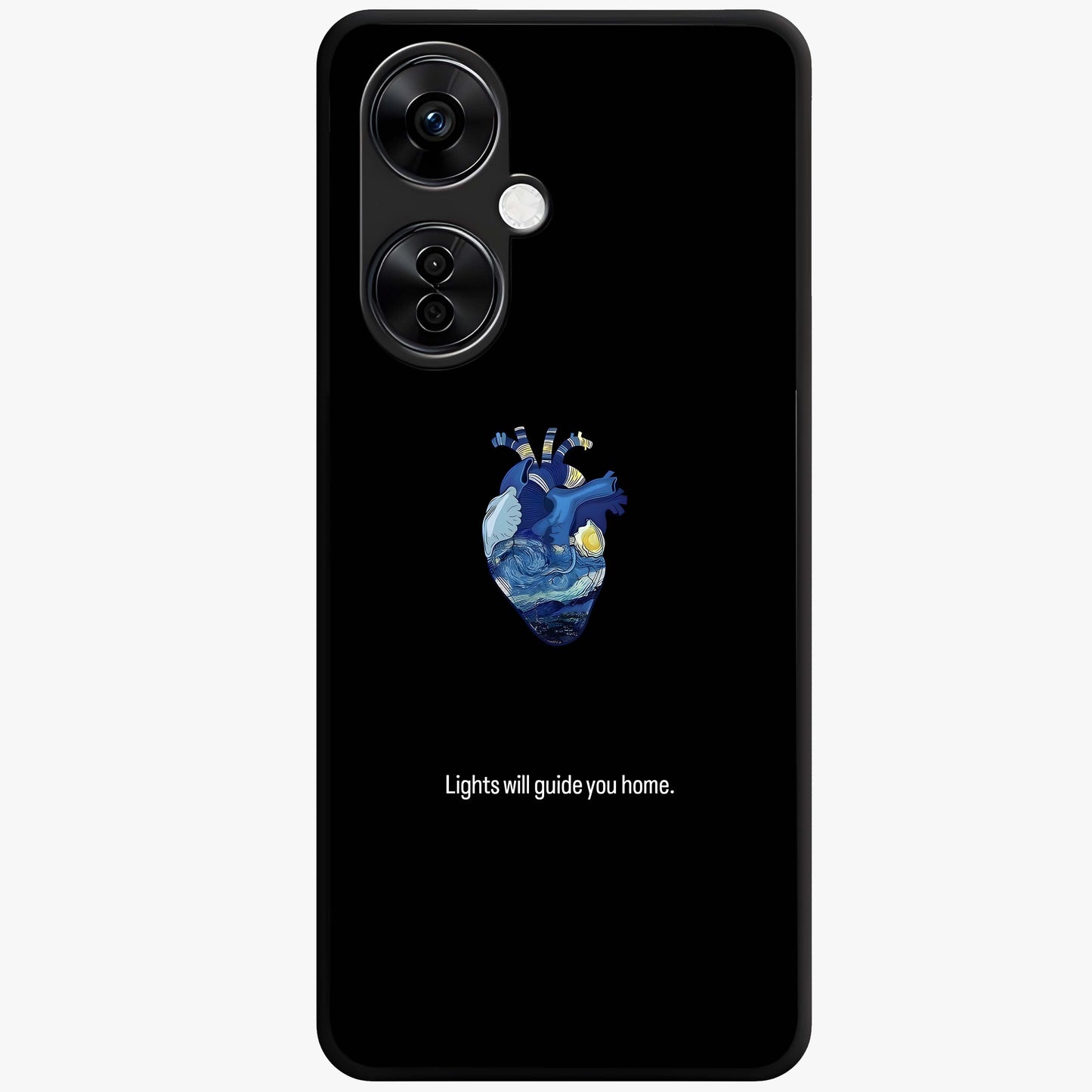 Starry Heart Compass Glass Case for 1+Nord CE 3 Lite artistic front view featuring heart shaped compass artwork with star details