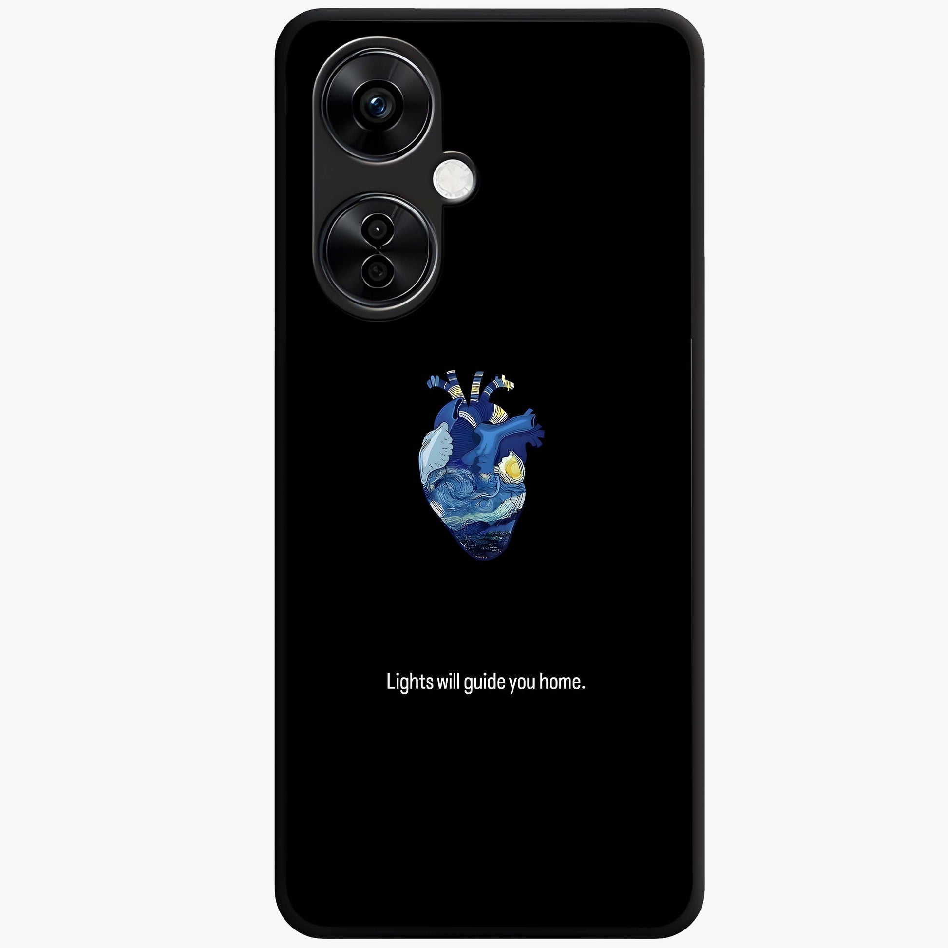 Starry Heart Compass Glass Case for 1+Nord CE 3 Lite artistic front view featuring heart shaped compass artwork with star details