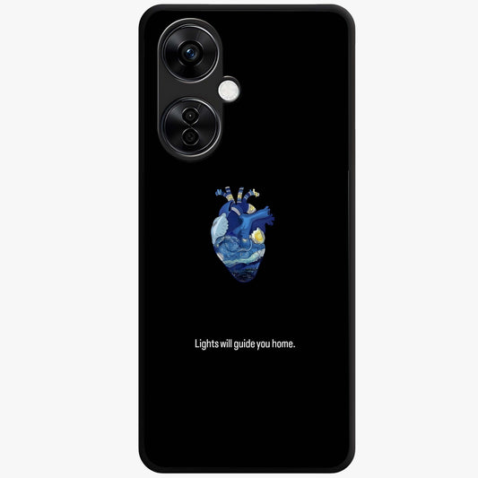 Starry Heart Compass Glass Case for 1+Nord CE 3 Lite artistic front view featuring heart shaped compass artwork with star details