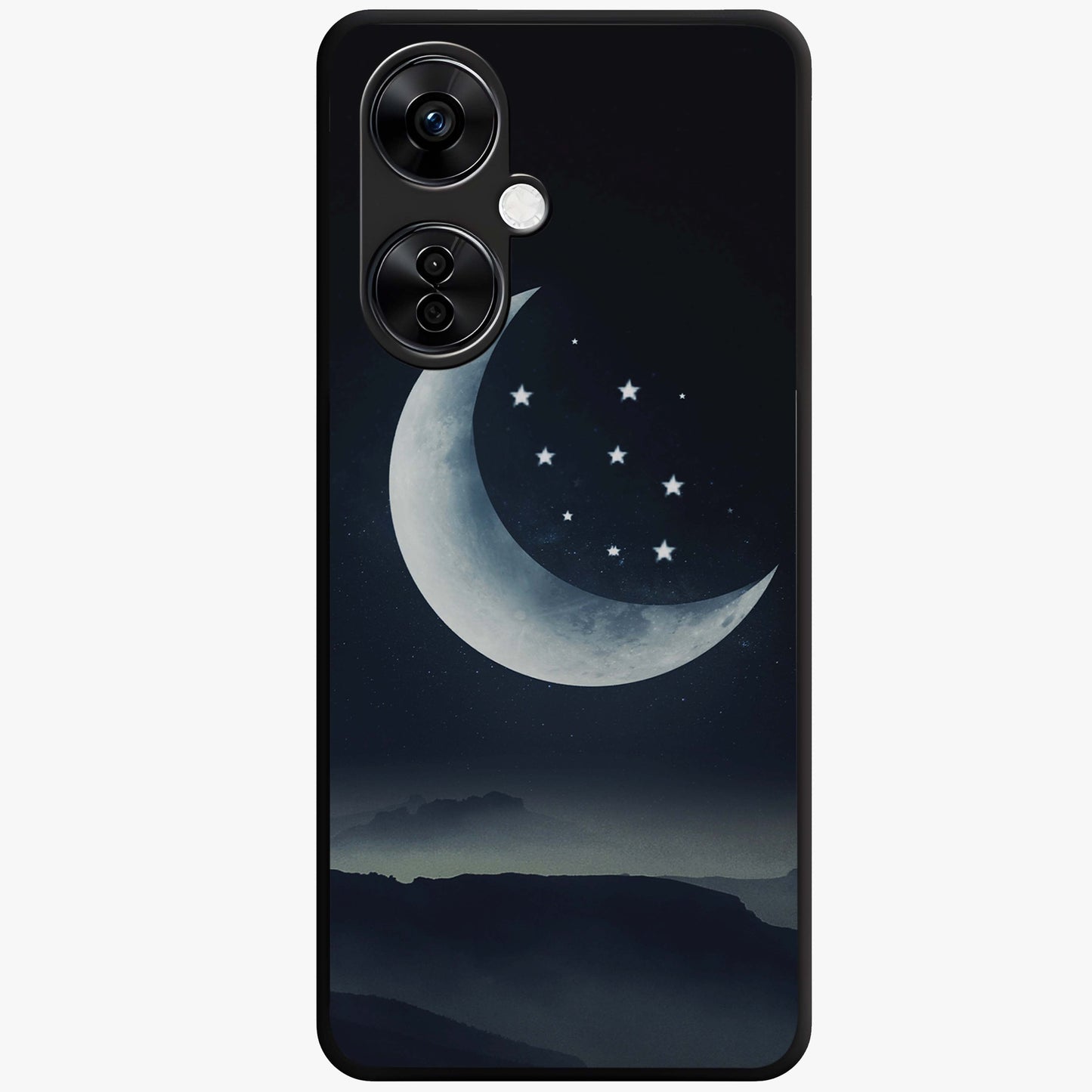 Starry Moon Pattern Glass Case for 1+Nord CE 3 Lite dreamy front view featuring moon and star patterned artwork