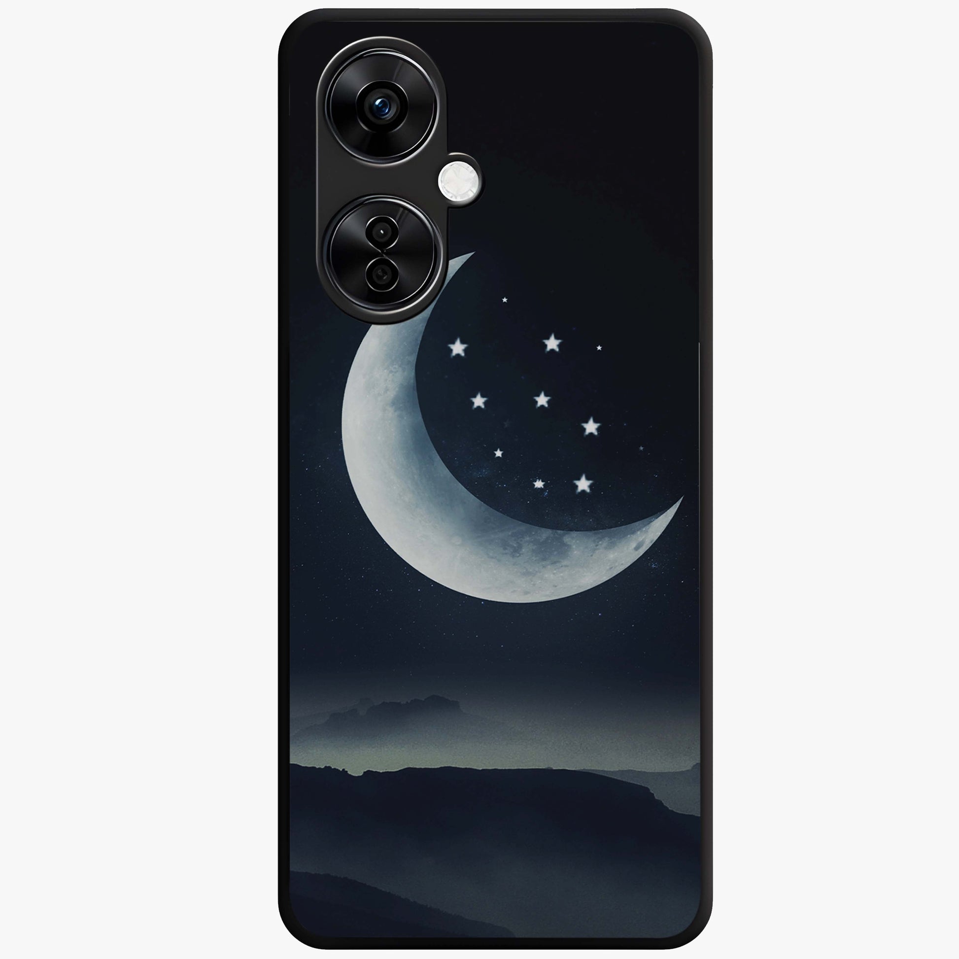 Starry Moon Pattern Glass Case for 1+Nord CE 3 Lite dreamy front view featuring moon and star patterned artwork