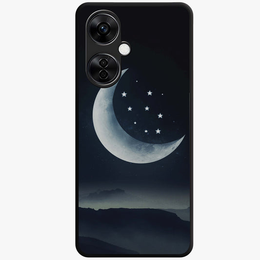 Starry Moon Pattern Glass Case for 1+Nord CE 3 Lite dreamy front view featuring moon and star patterned artwork