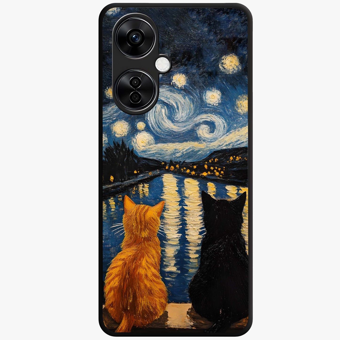 Starry River Cats Glass Case for 1+Nord CE 3 Lite artistic front view featuring cats by a glowing river under starry sky