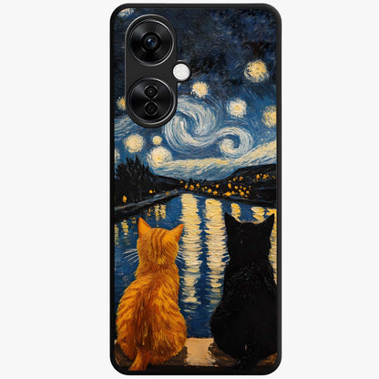 Starry River Cats Glass Case for 1+Nord CE 3 Lite artistic front view featuring cats by a glowing river under starry sky