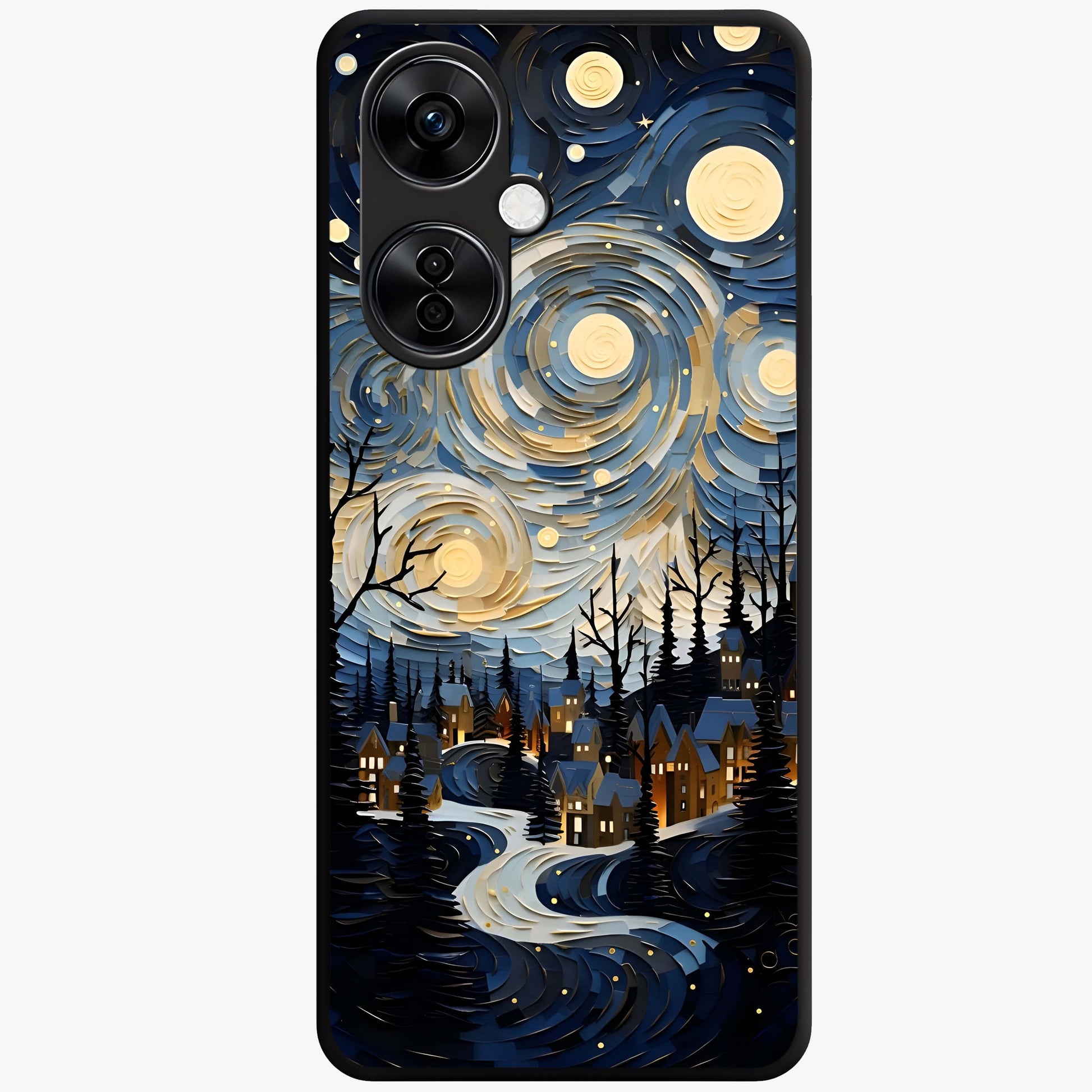 Starry Winter Town Glass Case for 1+Nord CE 3 Lite scenic front view featuring snowy town artwork under sparkling night sky