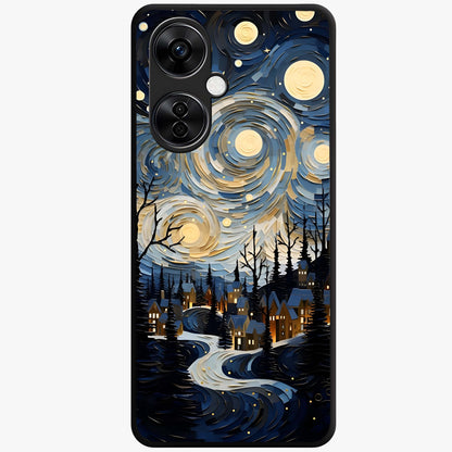 Starry Winter Town Glass Case for 1+Nord CE 3 Lite scenic front view featuring snowy town artwork under sparkling night sky