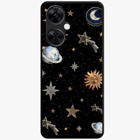 Stars and Planets Brooches Glass Case for 1+Nord CE 3 Lite elegant front view featuring celestial jewelry inspired artwork