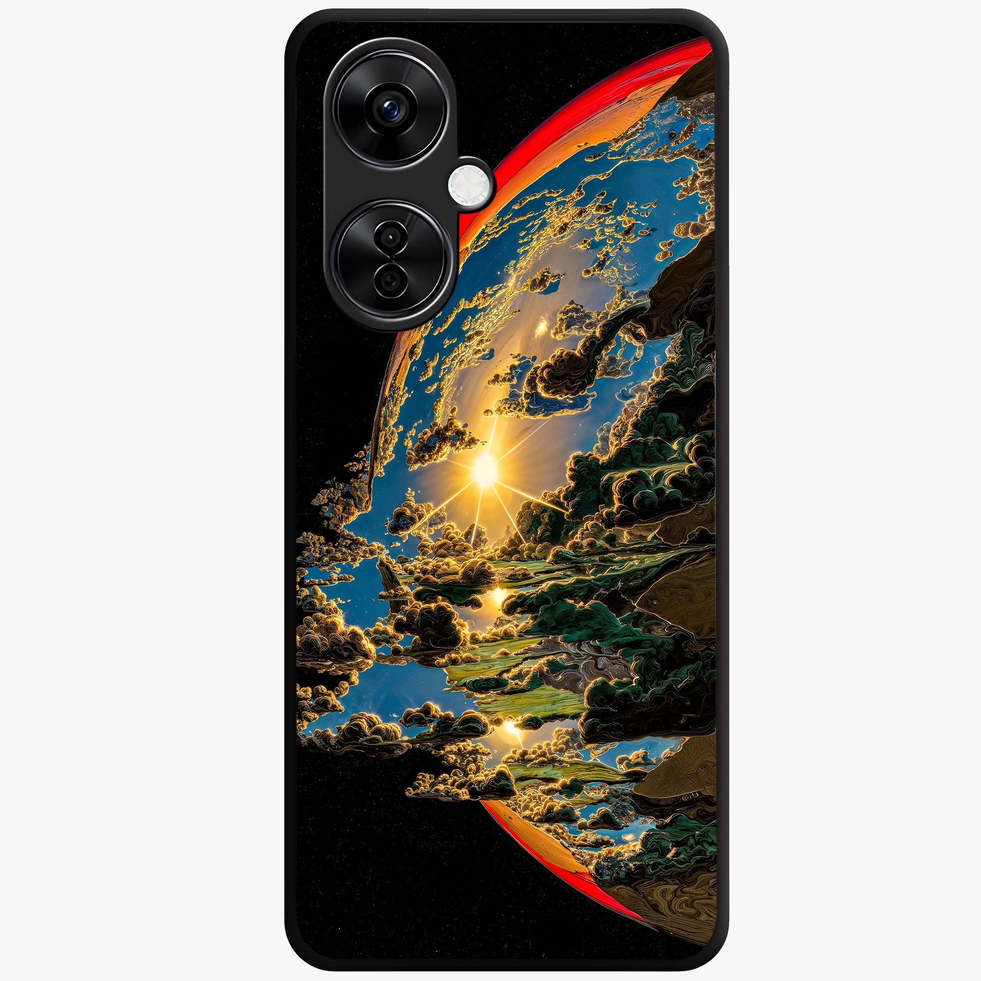 Sunrise Bursting Glass Case for 1+Nord CE 3 Lite radiant front view featuring vibrant sunrise inspired artwork