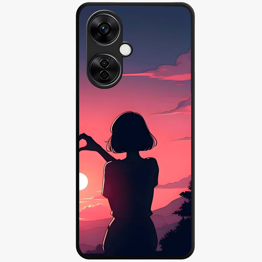 Sunset Silhouette Boy Glass Case for 1+Nord CE 3 Lite artistic front view featuring boy silhouette against warm sunset backdrop