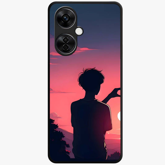 Sunset Silhouette Girl Glass Case for 1+Nord Ce 3 Lite aesthetic front view featuring girl silhouette under glowing sunset sky