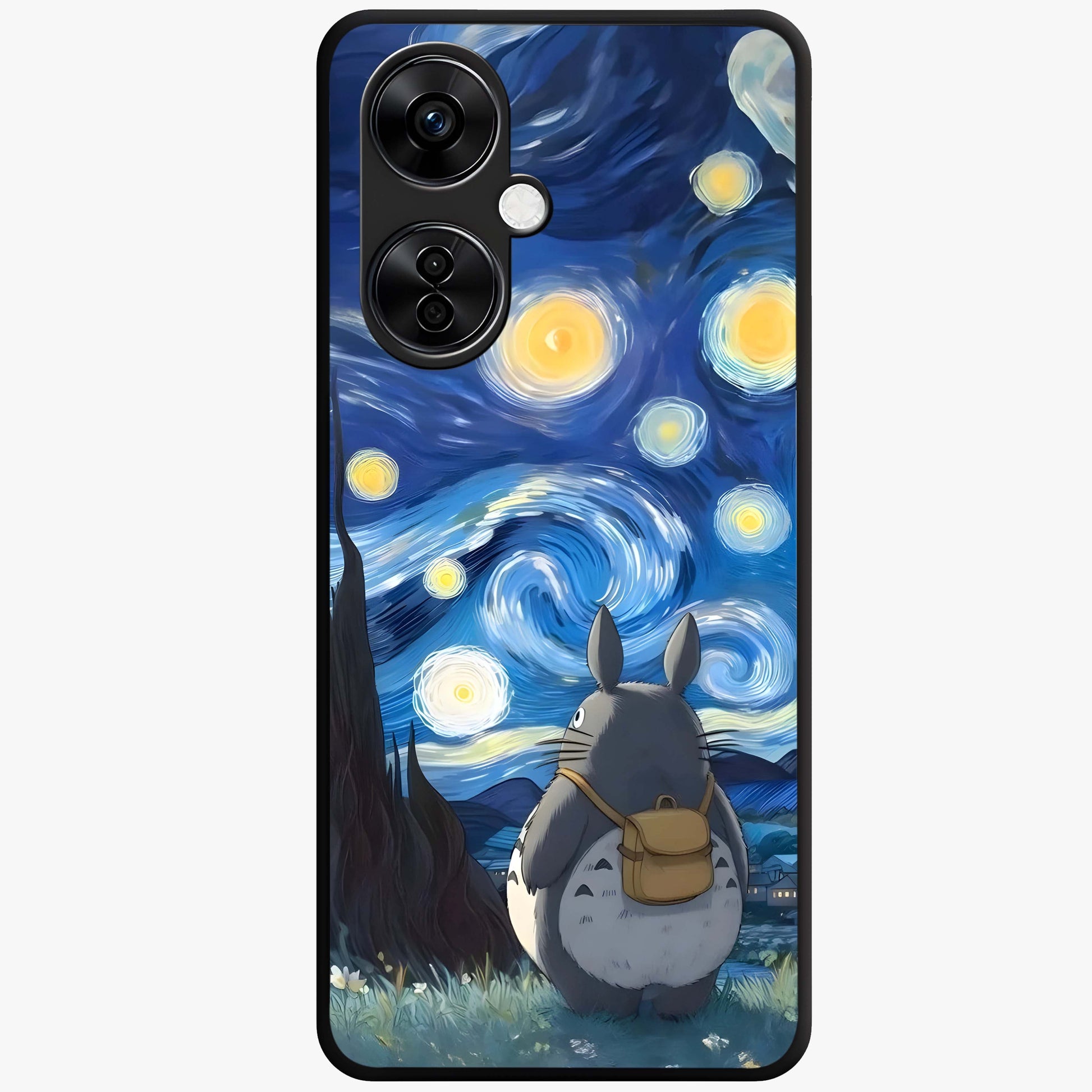 Totoro in Van Gogh Art Glass Case for 1+Nord CE 3 Lite artistic front view featuring whimsical character artwork in painterly style
