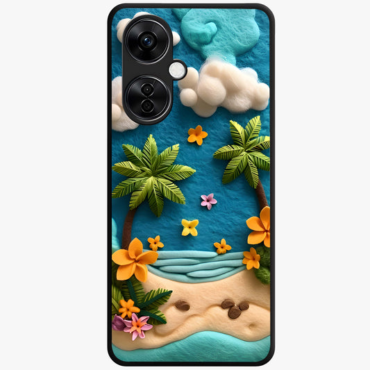 Tropical Felt Escape Glass Case for 1+Nord CE 3 Lite refreshing front view featuring tropical inspired artistic artwork
