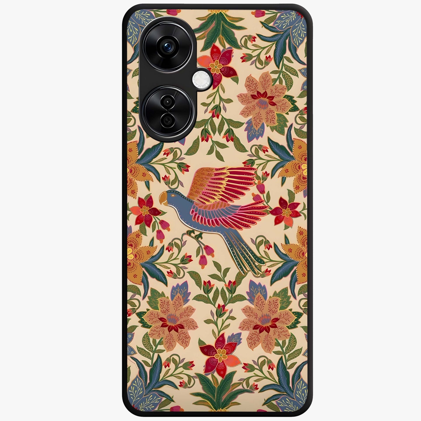 Tropical Folk Art Bird Glass Case for 1+Nord CE 3 Lite artistic front view featuring colorful bird artwork in folk style