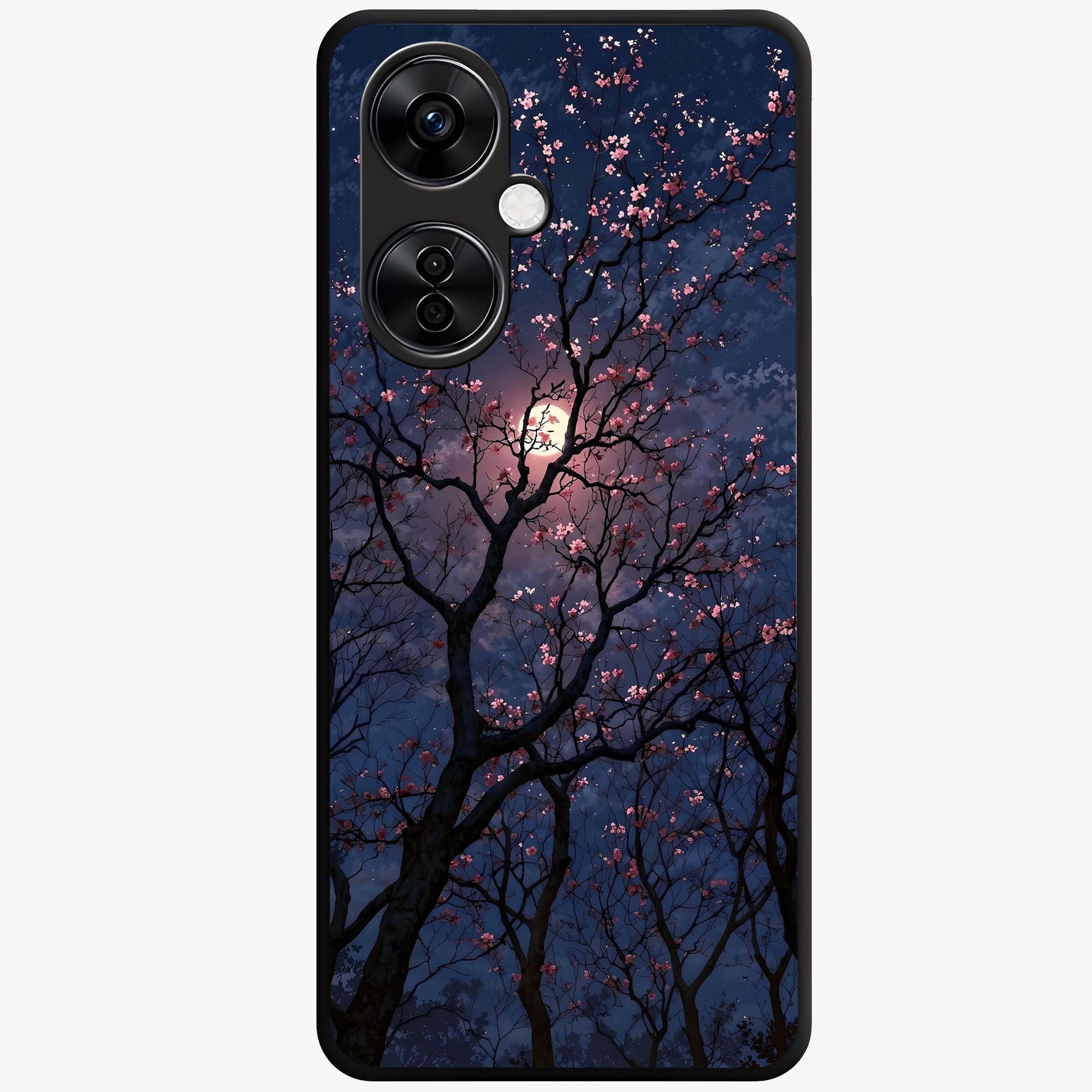 Twilight Sakura Serenade Glass Case for 1+Nord CE 3 Lite elegant front view featuring cherry blossom artwork under twilight sky