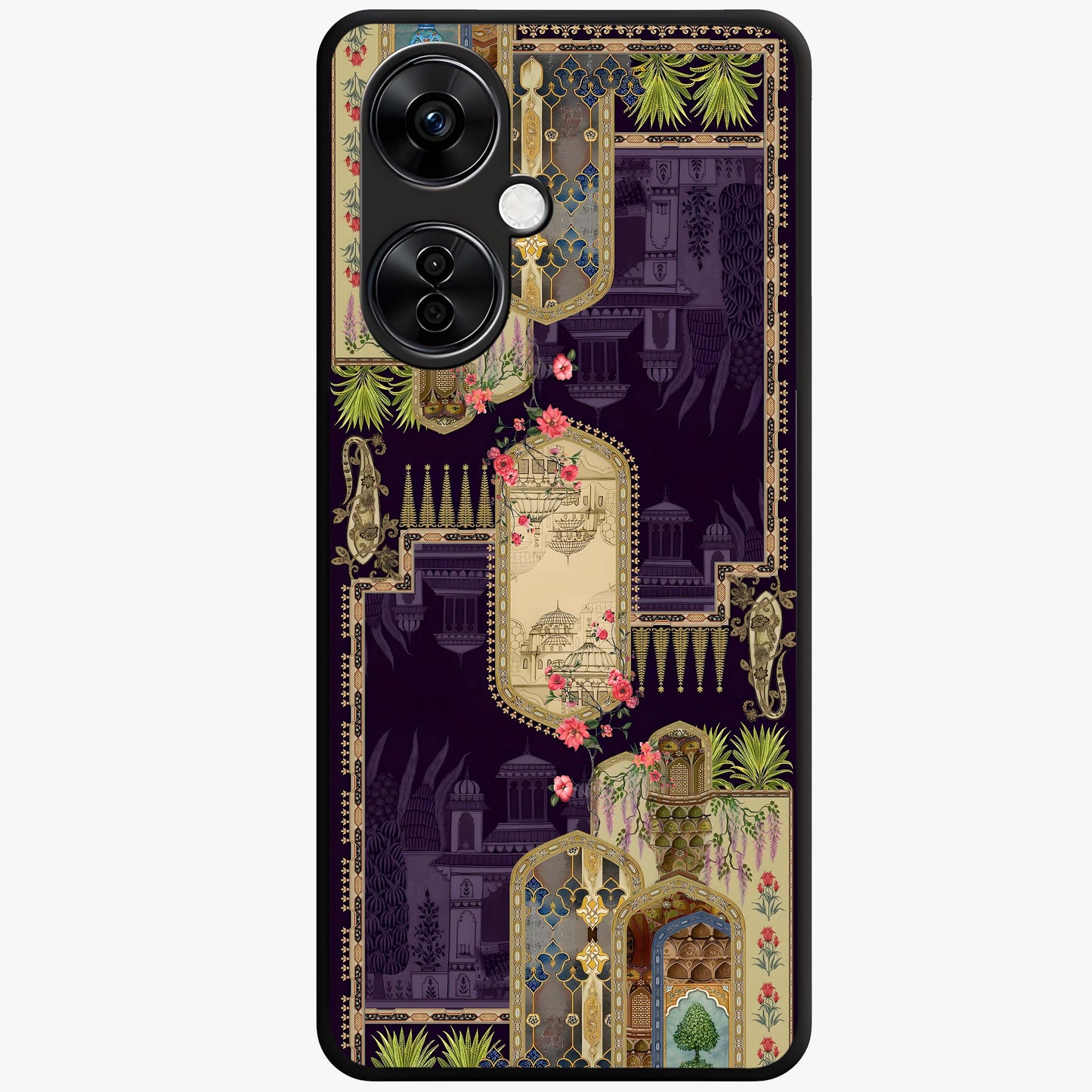 Velvet Mughal Art Glass Case for 1+Nord CE 3 Lite luxurious front view featuring intricate Mughal inspired artwork