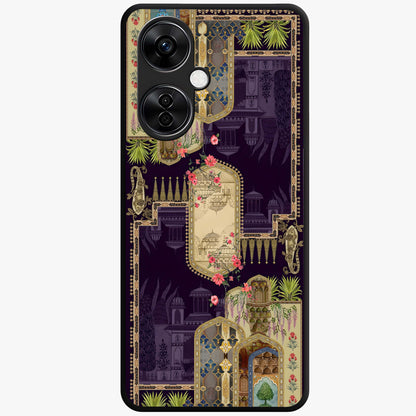 Velvet Mughal Art Glass Case for 1+Nord CE 3 Lite luxurious front view featuring intricate Mughal inspired artwork