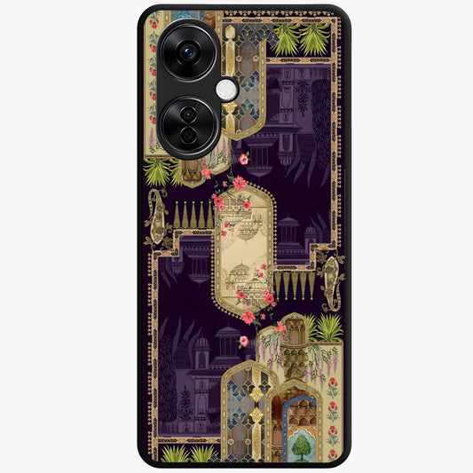 Velvet Mughal Art Glass Case for 1+Nord CE 3 Lite luxurious front view featuring intricate Mughal inspired artwork