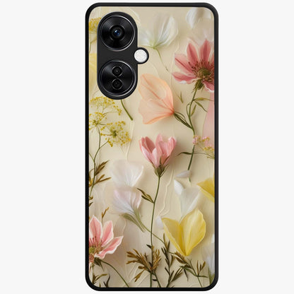 Whispering Petal Harmony Glass Case for 1+Nord CE 3 Lite elegant front view featuring soft floral artwork in pastel tones
