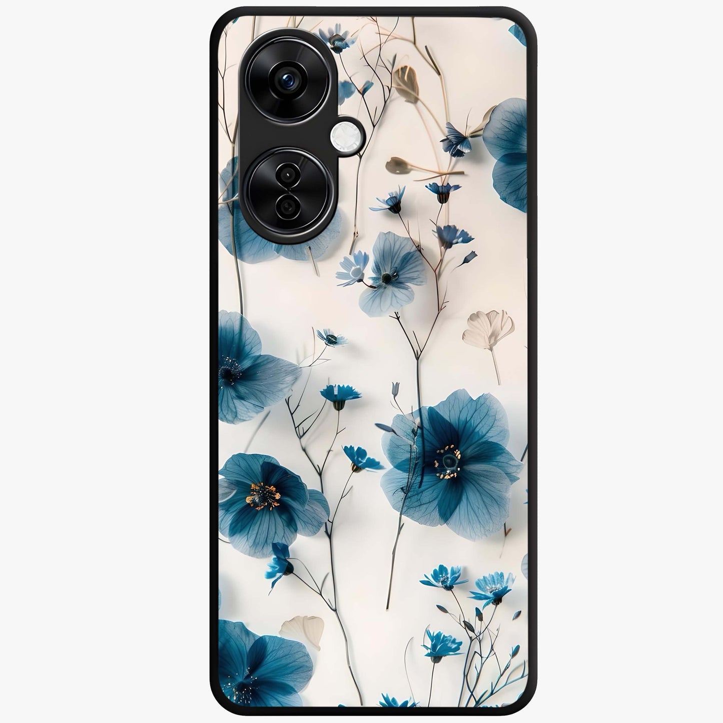 Whispers of Blue Bloom Glass Case for 1+Nord CE 3 Lite vibrant front view featuring blue floral artwork with soft glow