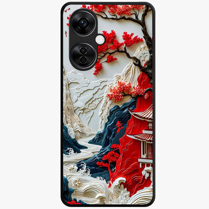 Whispers of Sakura Waves Glass Case for 1+Nord CE 3 Lite artistic front view featuring cherry blossom artwork blended with flowing waves