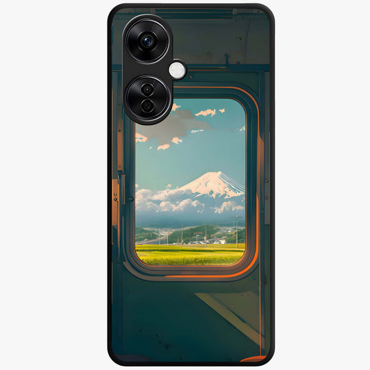 Window to Fuji Glass Case for 1+Nord CE 3 Lite scenic front view featuring Mount Fuji artwork framed through a window design