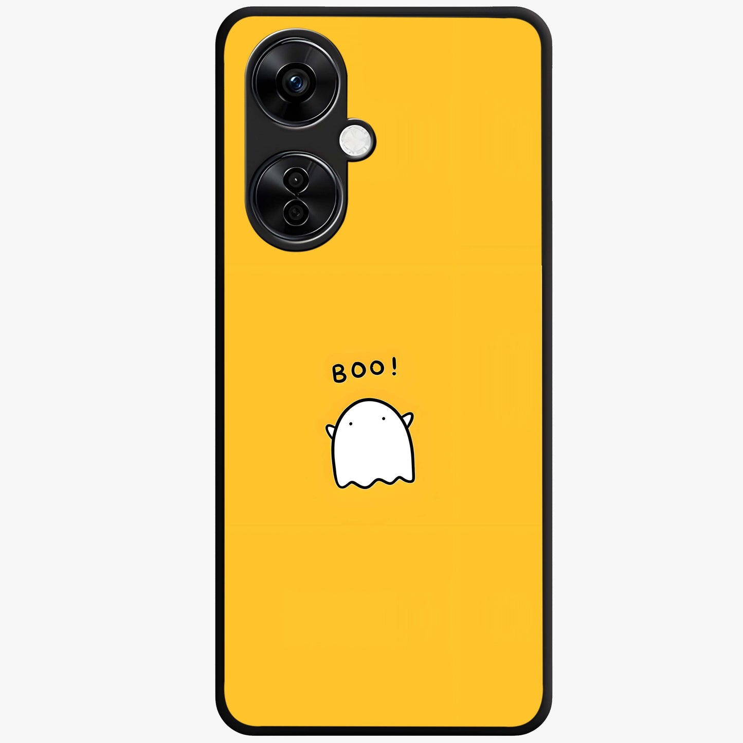 Yellow Boo Ghost Glass Case for 1+Nord CE 3 Lite playful front view featuring cute ghost artwork in vibrant yellow tones