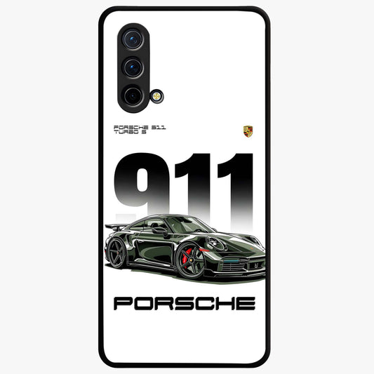 911 Turbo Dominance Glass Case showing clean flat back view with bold 911 sports car artwork and glossy glass finish.