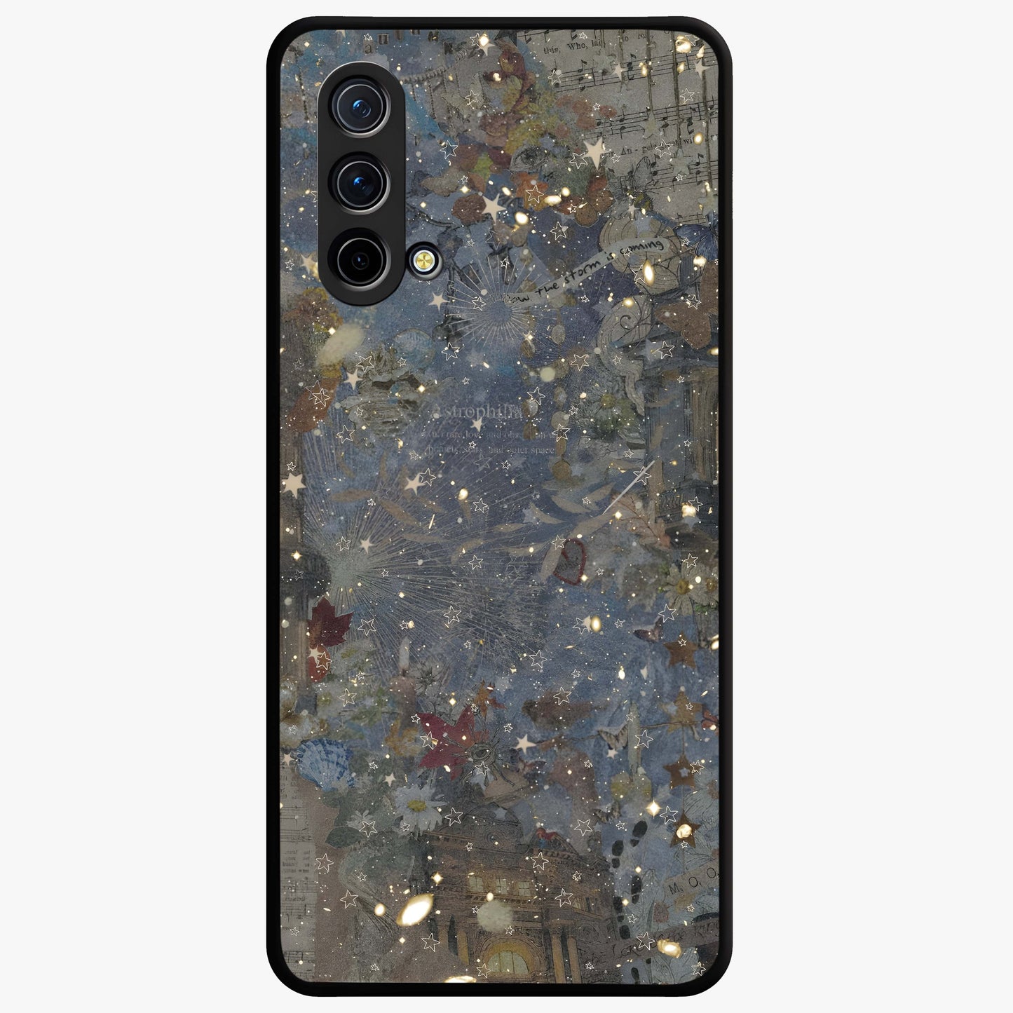 Aesthetic Astrolophia Glass Case showing flat back view with dreamy aesthetic design and glossy glass finish.