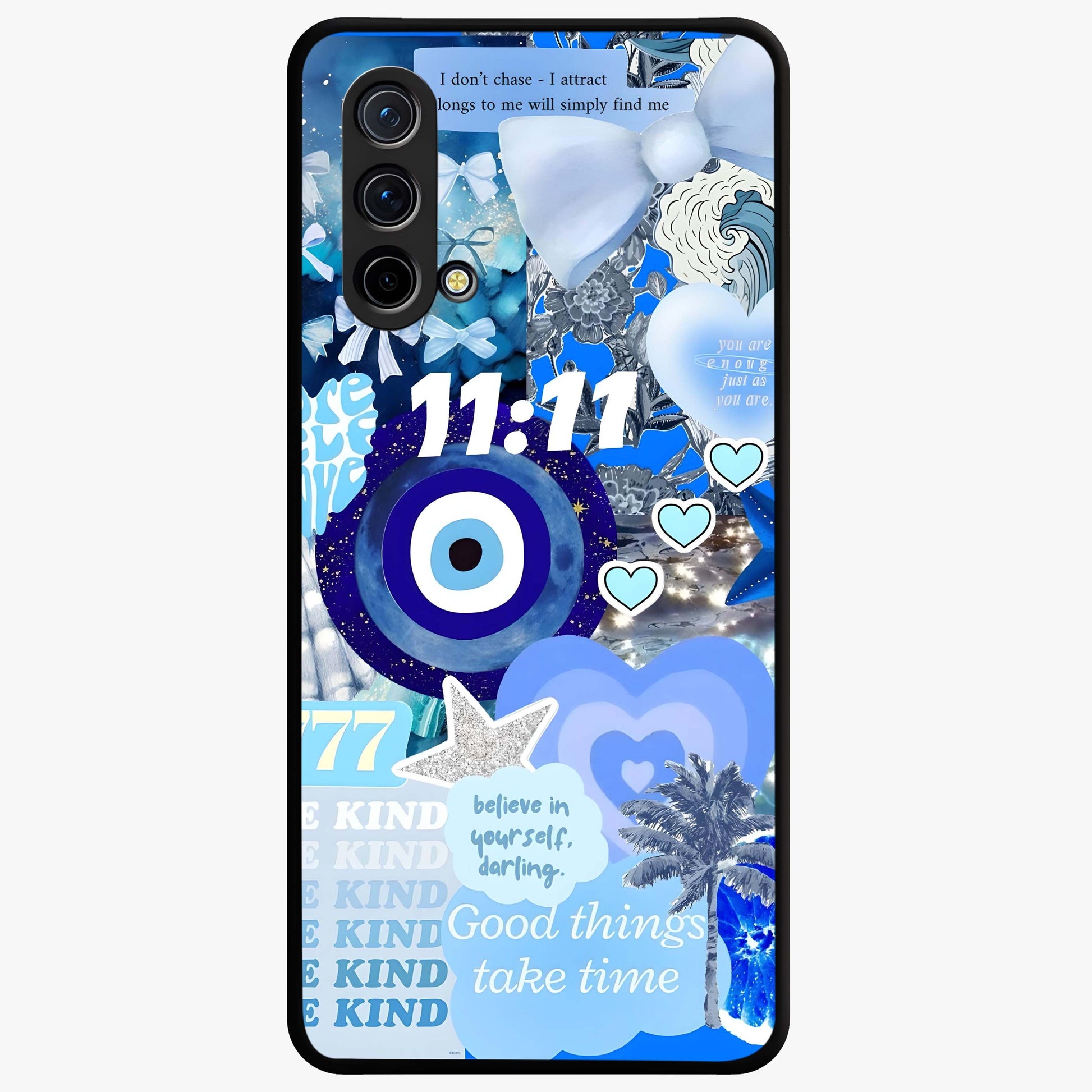 Aesthetic Be Kind Eye Glass Case showing flat back view with motivational eye artwork and glossy glass finish.