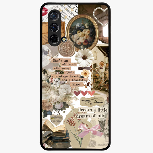 Aesthetic Brown Vintage Collage Glass Case showing flat back view with retro collage artwork and glossy glass finish.