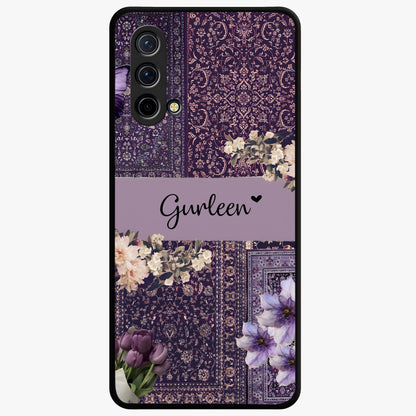 Antique Floral Whisper Custom Name Glass Case showing flat back view with vintage floral artwork and personalized name design.