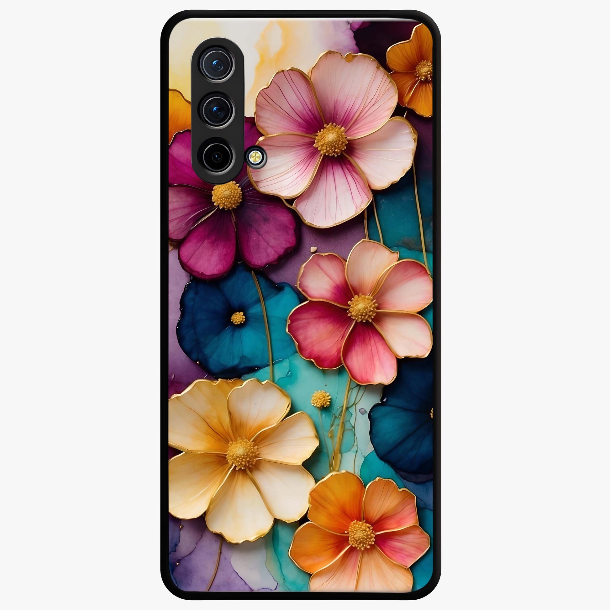 Artlyn Grace Flower Pattern Glass Case showing flat back view with elegant floral pattern artwork and glossy glass finish.