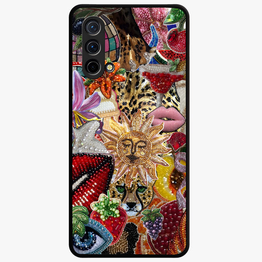 Beaded Fashion Jungle Glass Case showing flat back view with vibrant jungle inspired bead artwork and glossy glass finish.