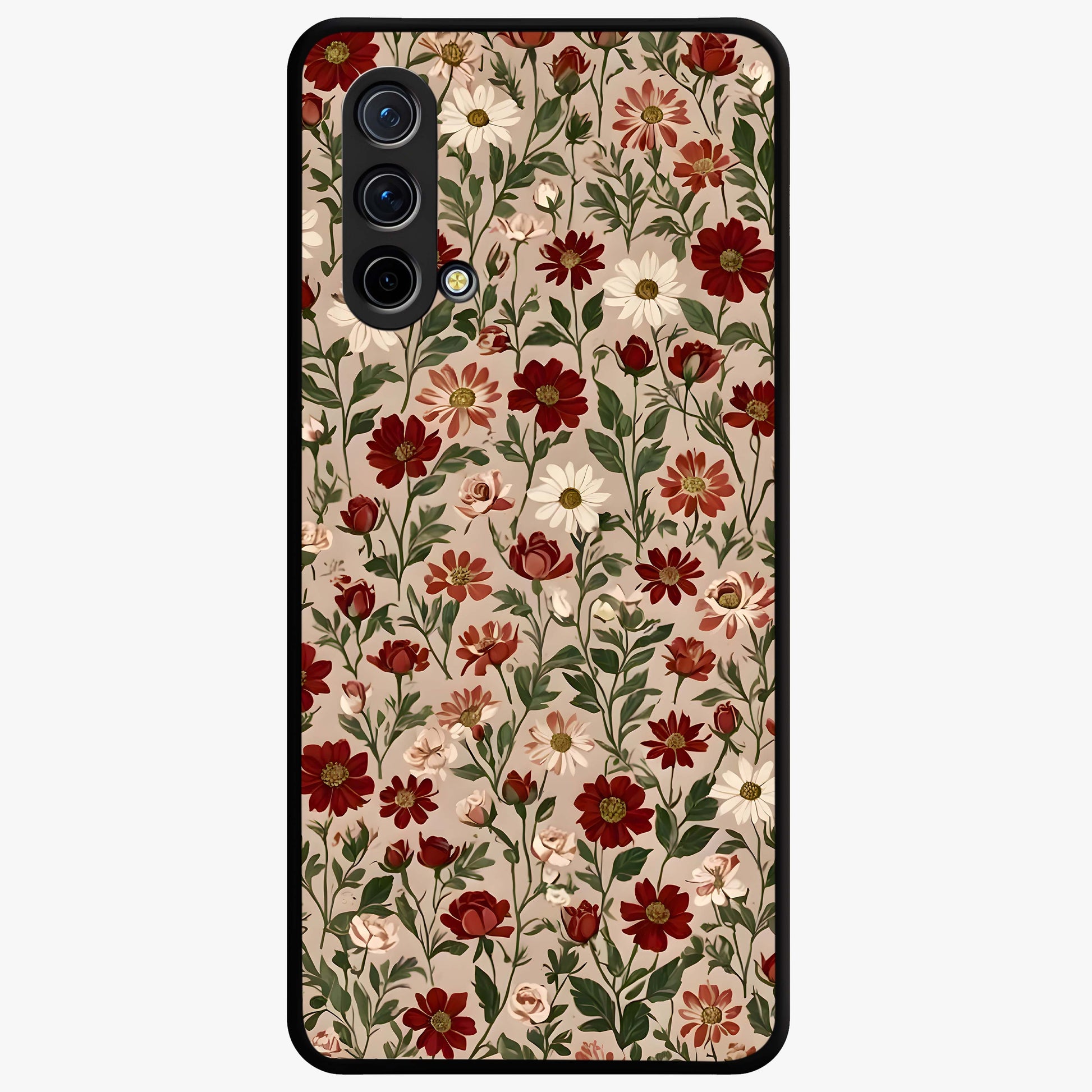Biege Flower With Leaf Glass Case showing flat back view with soft beige floral artwork and glossy glass finish.