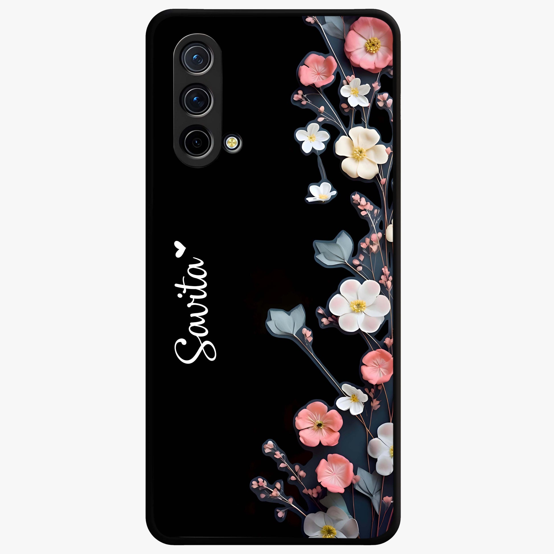 Black Elegance Floral Custom Name Glass Case showing flat back view with elegant floral artwork and personalized name design.
