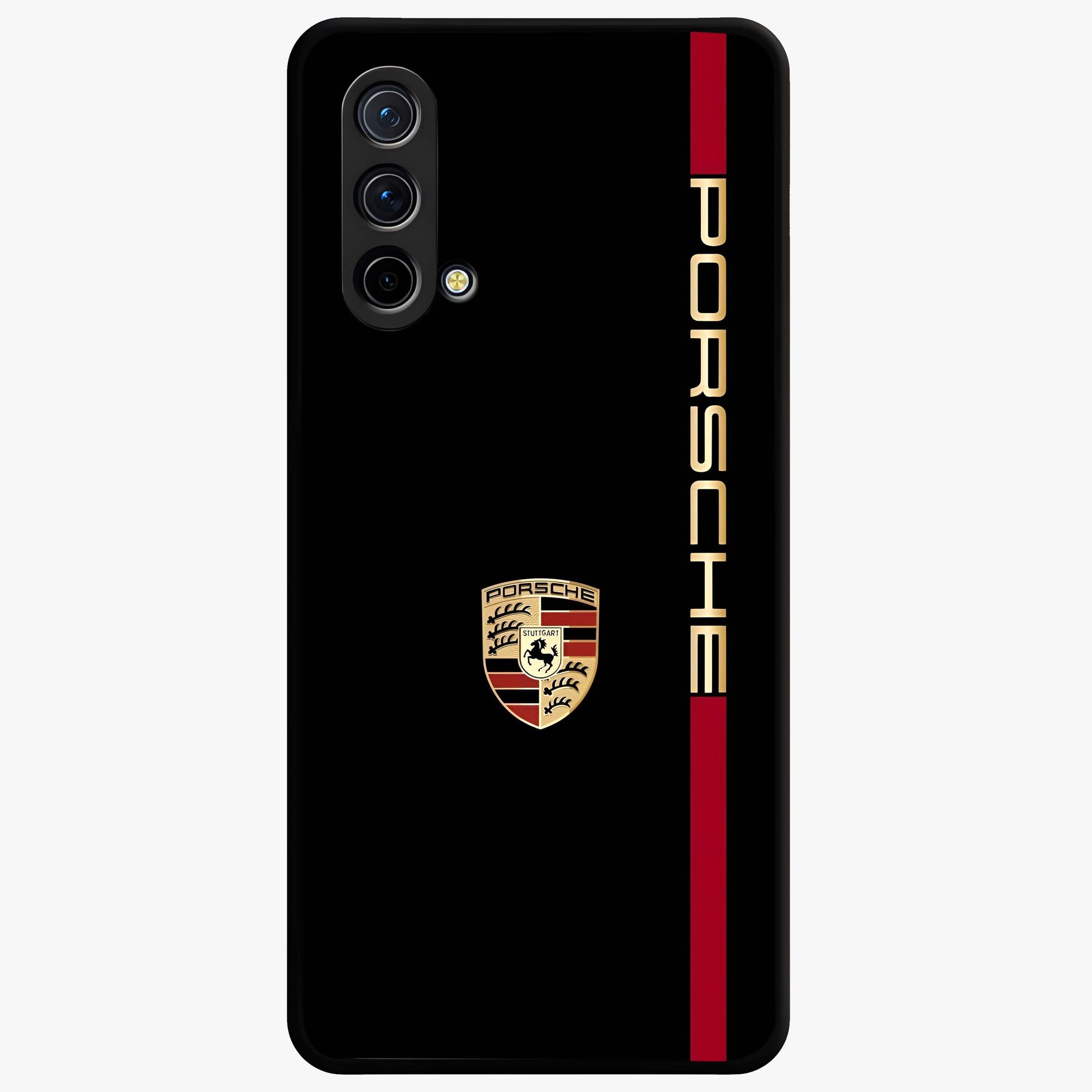 Black Minimal Porsche Glass Case showing flat back view with sleek minimal sports car artwork and glossy glass finish.