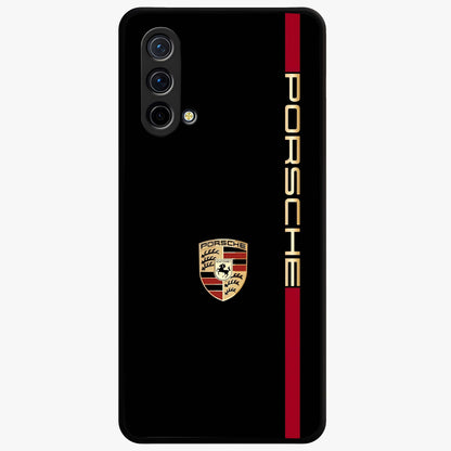 Black Minimal Porsche Glass Case showing flat back view with sleek minimal sports car artwork and glossy glass finish.
