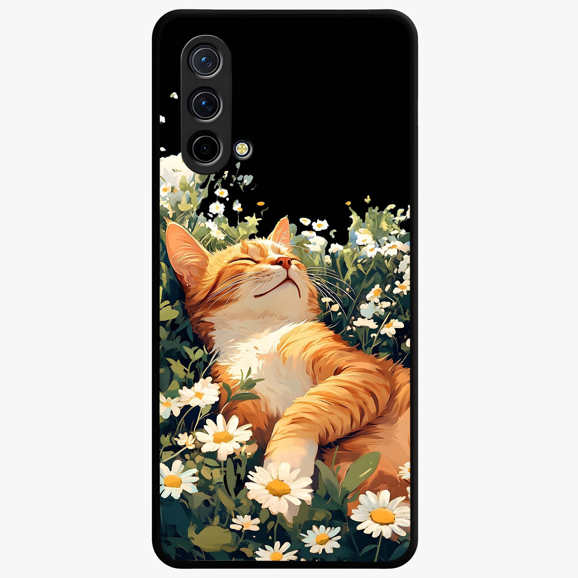 Blissful Bloom Cat Glass Case showing flat back view with cute cat and floral bloom artwork and glossy glass finish.