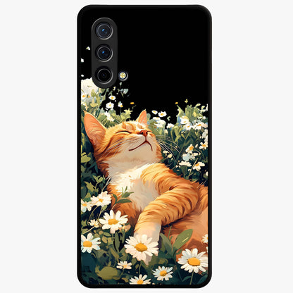 Blissful Bloom Cat Glass Case showing flat back view with cute cat and floral bloom artwork and glossy glass finish.