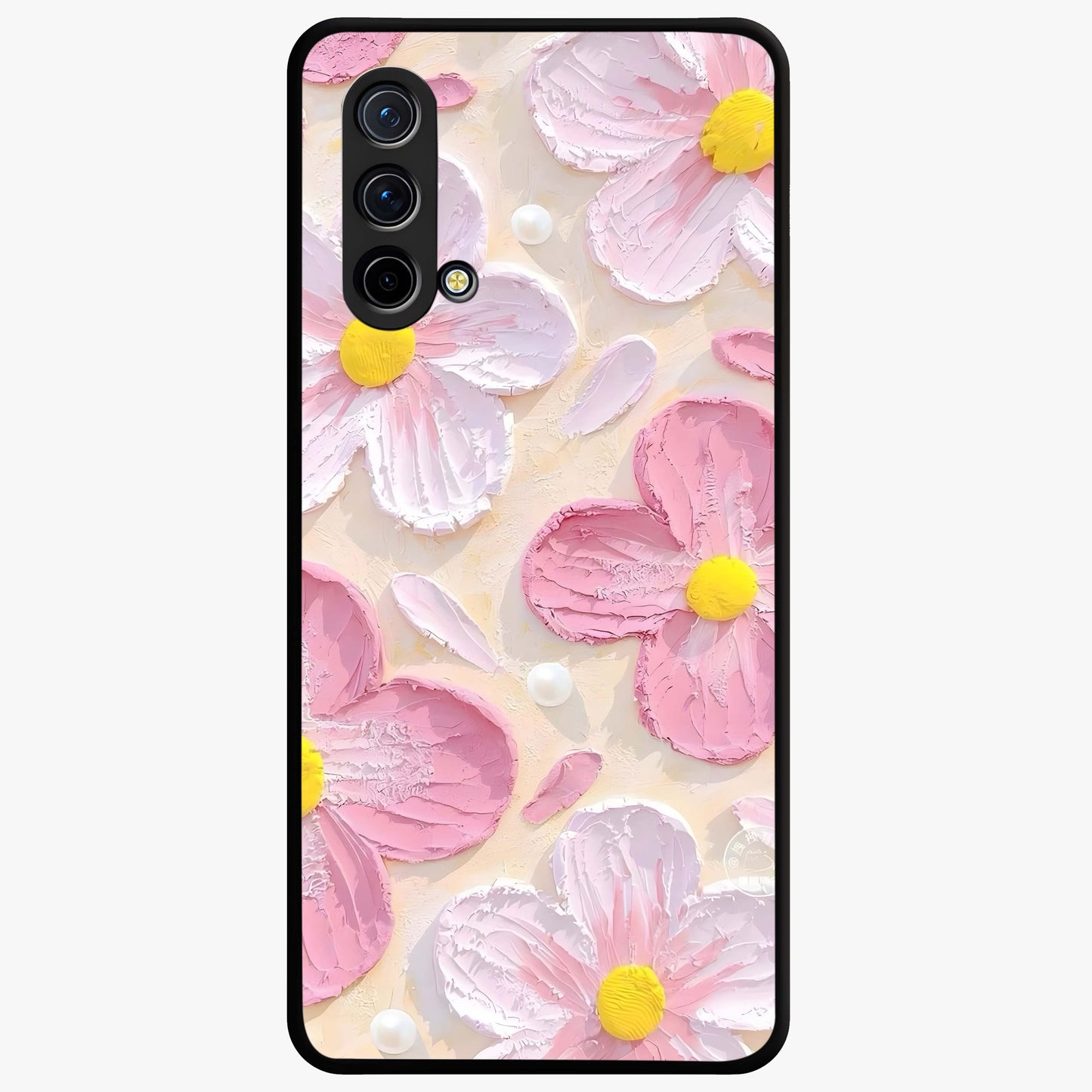 Blush Bloom Texture Glass Case showing flat back view with soft blush floral texture artwork and glossy glass finish.