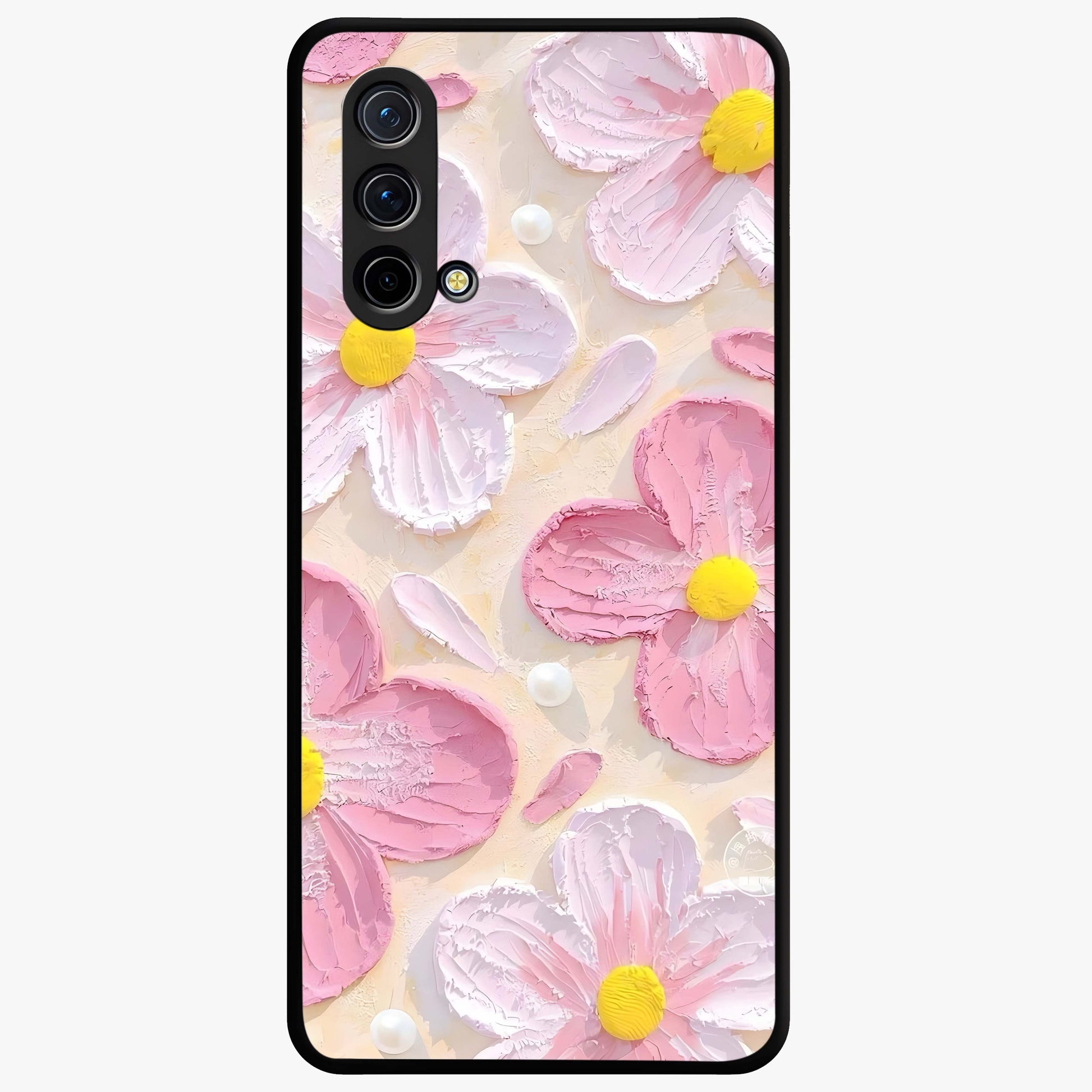 Blush Bloom Texture Glass Case showing flat back view with soft blush floral texture artwork and glossy glass finish.