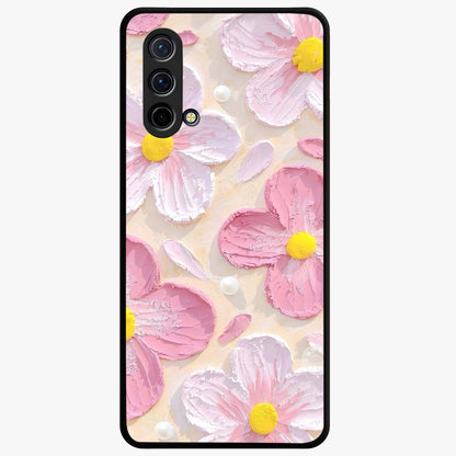 Blush Bloom Texture Glass Case showing flat back view with soft blush floral texture artwork and glossy glass finish.