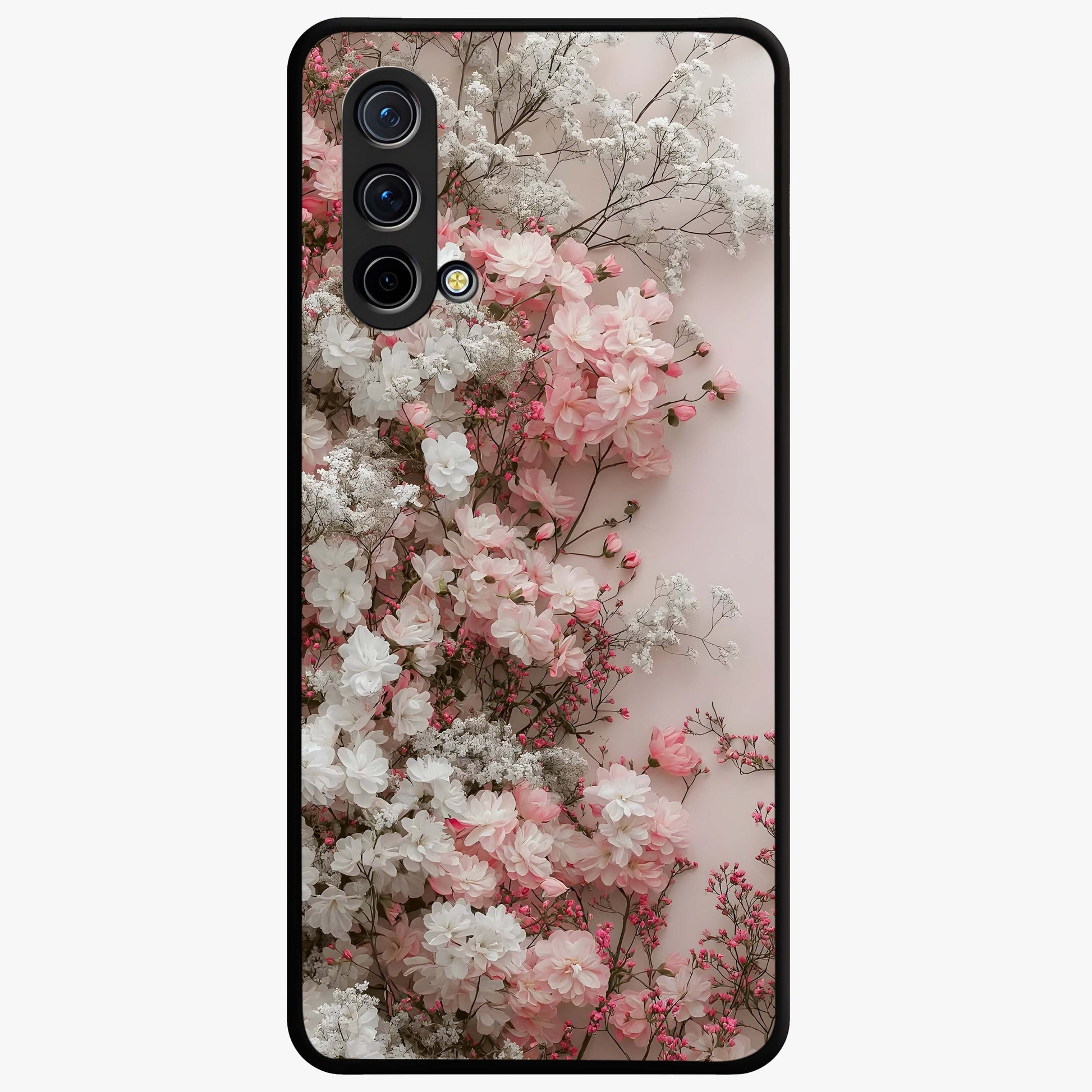 Blush Blossom Cloud Glass Case showing flat back view with dreamy blush cloud blossom artwork and glossy glass finish.