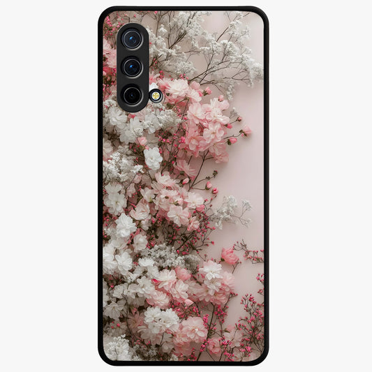 Blush Blossom Cloud Glass Case showing flat back view with dreamy blush cloud blossom artwork and glossy glass finish.