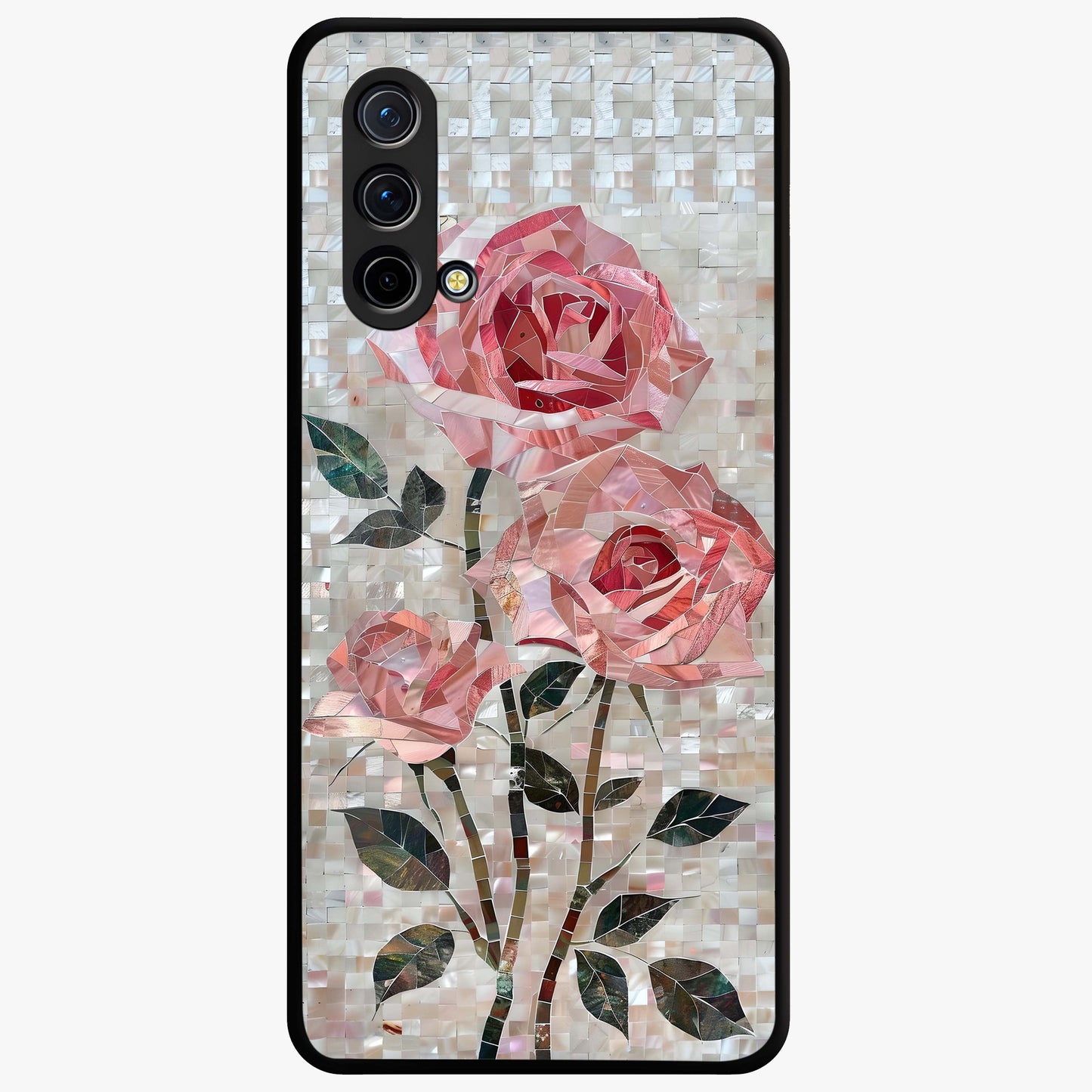 Blush Mosaic Bloom Glass Case showing flat back view with mosaic floral bloom artwork and glossy glass finish.