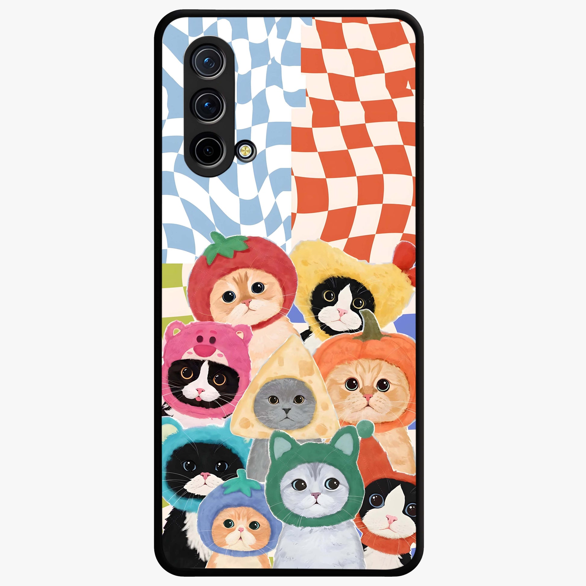Cats in Fruits Glass Case showing flat back view with playful cat illustrations inside fruit artwork and glossy glass finish.